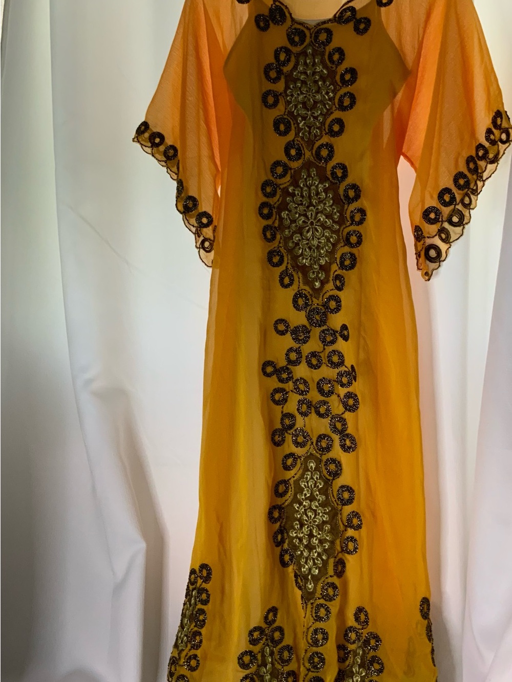 Embroidered Orange Maxi Dress with Black Accents